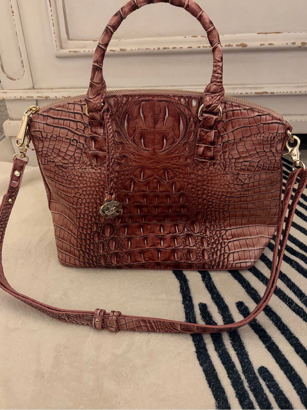 Brahmin Croc-Embossed Satchel in Chestnut Brown